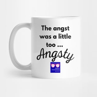 "Too Angsty" black letters nerdy logo -Nerdy Romantics Podcast Mug